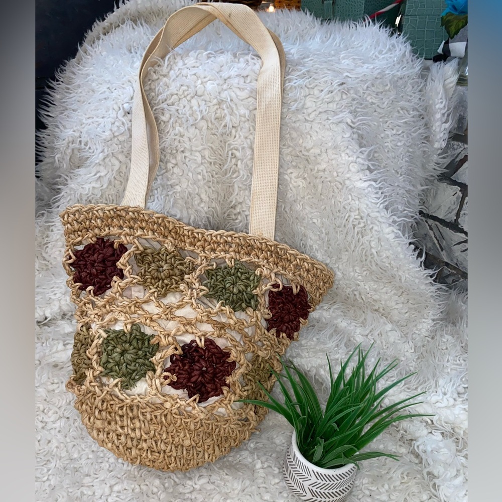 Vintage 70s Bright Colorful Floral Summer Straw Bag Purse flaw PURSE-SALE was$35